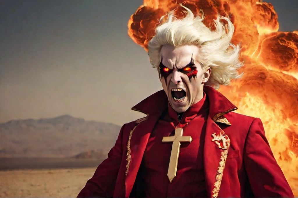 Prompt: albino skin, Lucifer, the desert, daylight, flames, nuclear explosion, the desert, red suit, high quality, Crown, sword, Crown, angel, middle east, silver horns, fully clothed, angry, red, flames, nuclear explosion, long hair, holy cross, golden, golden beard, red robe, red suit, day time, screaming, black chain, nuclear explosion, golden eyes, black eyebrows, flames