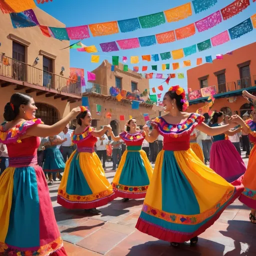 Prompt: Generate an expansive scene depicting a festive Mexican plaza adorned with colorful papel picado and vibrant banners. In the center, a group of women dressed in traditional Mexican attire dance energetically to the lively music, surrounded by spectators enjoying the celebration. The architecture of nearby buildings, with their vibrant facades and intricate details, adds to the cultural richness of the scene.