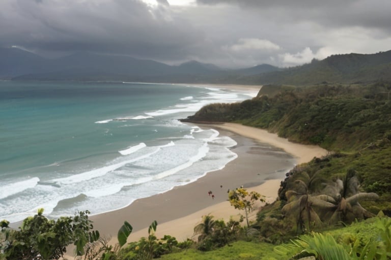 Prompt: Uma paisagem com baleias jubartes nadando no mar com filhotes em uma costa do ecuador