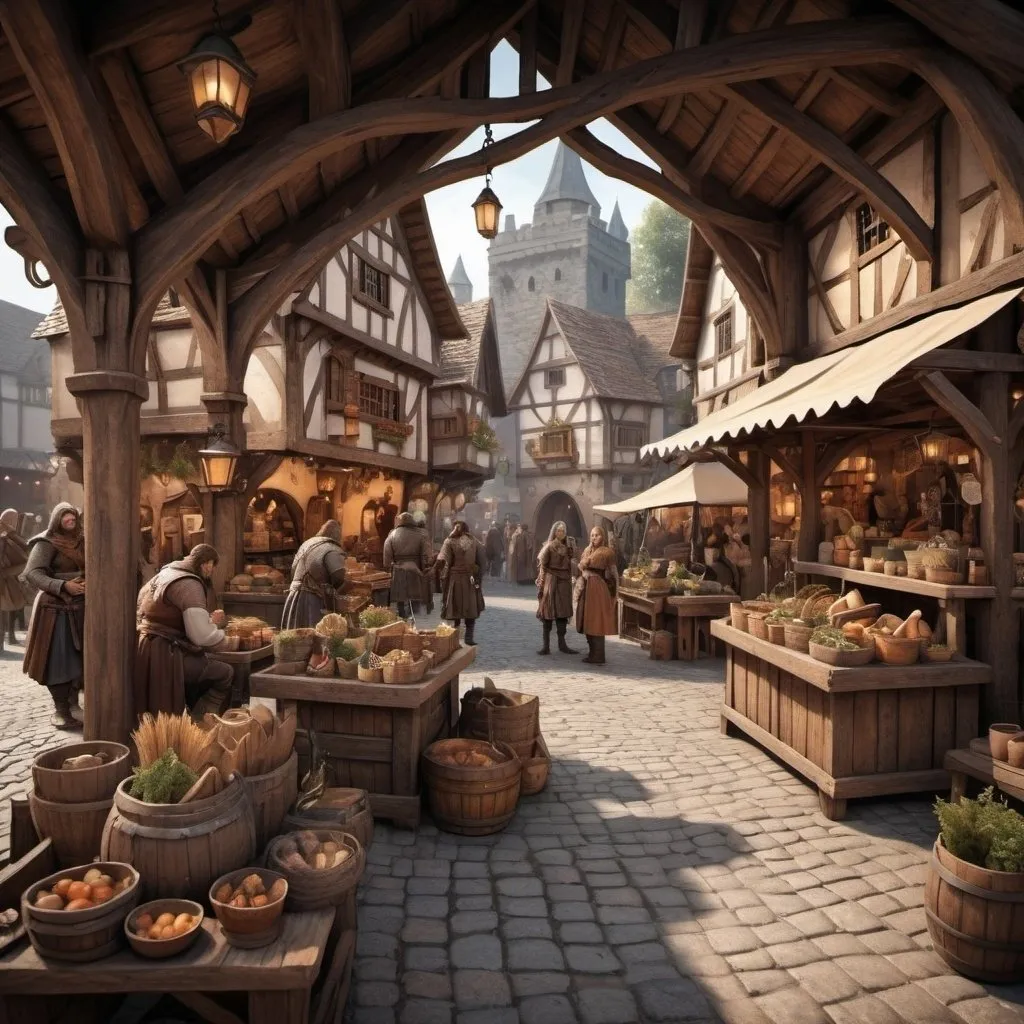 Prompt: medieval fantasy village square, market stalls, people, detailed layout, cozy and rustic atmosphere, warm earthy tones