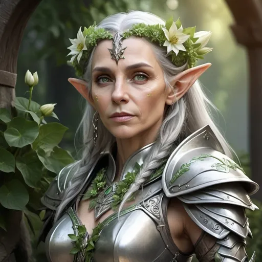 Prompt: hyper-realistic, aging female elf, beautiful, regal, decorated silver armor, green flowers in hair, fantasy character art