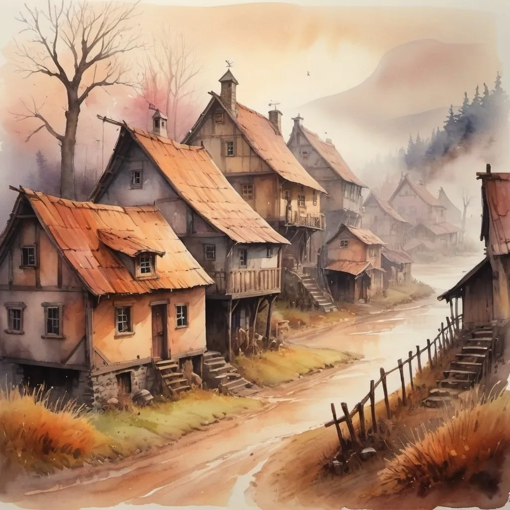 Prompt: watercolor, small village, foggy, rustic, dramatic fantasy settlement scene, warm tones