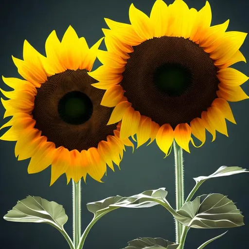 Prompt: Two sunflowers with varying heights, shadows included, realistic painting, warm tones, professional, detailed petals, natural lighting