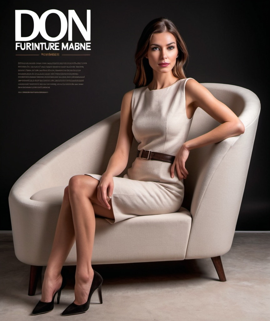 Prompt: A high-end furniture magazine cover with a stylish model with nice quotes
