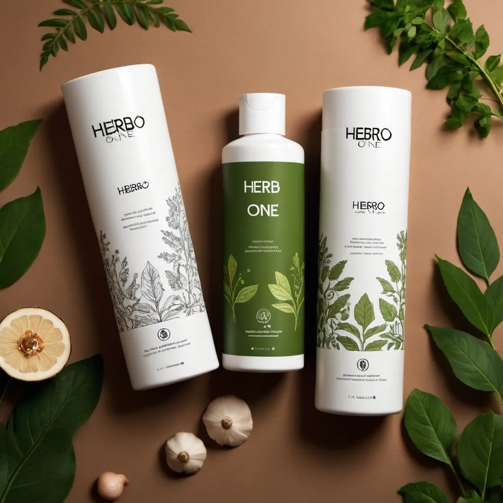 Prompt: Aesthetic Packaging of Ayurvedic Shampoo ‘Herbo One’ supporting Veganism