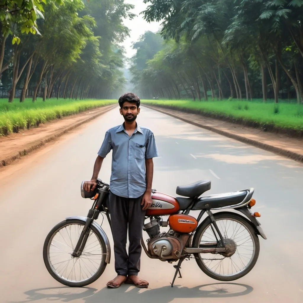 Prompt: a man standing next to a bike on a road with trees in the background and a person standing next to it, Bikash Bhattacharjee, bengal school of art, single body, a picture