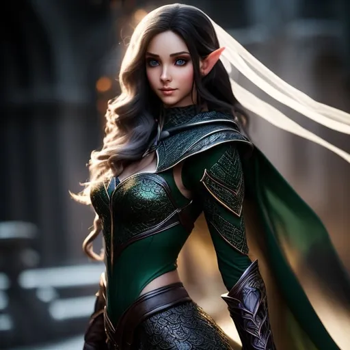 Prompt: (full body view pose:1,5), Photo realistic, young elf woman, porcelain skin, grey eyes, dark-green battle robe, ultra detailed, brown hair, (gorgeous wedding veil in her hair:1,5), desert, detailed gorgeous face, ultra high definition, 8k, unreal engine 5, masterpiece, ominous, highly detailed, ultra high quality model, SF