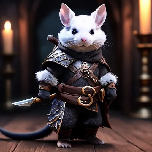 Prompt: (DND race ratfolk:2,5), (DND class rogue:1,5), (chinchilla:1,0), holding daggers, ultra detailed, ultra high definition, unreal engine 5, masterpiece, ominous, highly detailed, ultra high quality model