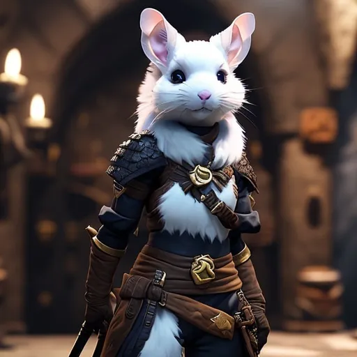 Prompt: female, (DND race ratfolk:2,5), (DND class rogue:1,5), (chinchilla:1,0), holding a dagger, ultra detailed, fluffy white fur, ultra high definition, 8k, unreal engine 5, masterpiece, highly detailed, ultra high quality model