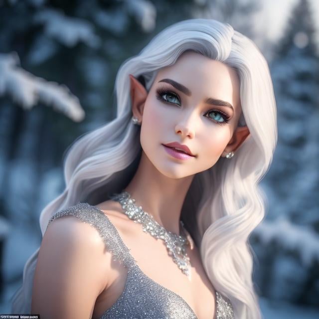 Prompt: (full body pose:2,5), (photo realistic:2,0), young elf woman, silver eyes, gorgeous dress, ultra detailed, light grey hair, (elegant make-up:1,0), night sky, snow, detailed gorgeous face, ultra high definition, 8k, unreal engine 5, masterpiece, ominous, highly detailed, ultra high quality model, SF