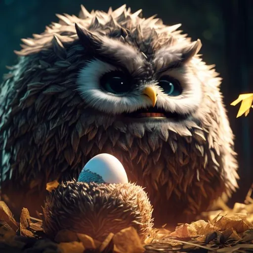 Prompt: Octane render, Hyper realistic, ultra Detailed, dnd owlbear, baby out an egg shell