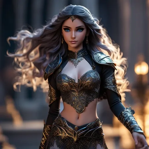Prompt: (full body view pose:1,5), Photo realistic, young elf woman, DND battle witch, porcelain skin, (grey eyes:0,5), dark battle dress, (Belly dance face veil:2,0), ultra detailed, (light brown long hair:1,5), desert landscape, ultra high definition, 8k, unreal engine 5, masterpiece, highly detailed, ultra high quality model, SF