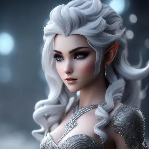 Prompt: (full body view:1,0), fantasy, snow, young elf woman, silver eyes, gorgeous dress, ultra detailed, grey hair, night sky, detailed gorgeous face, ultra high definition, 8k, unreal engine 5, masterpiece, ominous, highly detailed, ultra high quality model