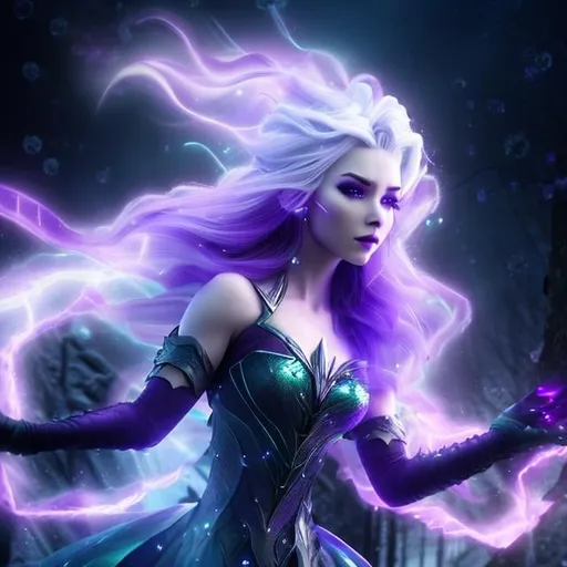 Prompt: Octane render, Hyper realistic, ultradetailed, half body View, DND Stormsoul Sylph, female, shimmering purple eyes, Long flowing grey hair, skin like porcelain, water dress, summoning white lightning bolts with her hands, standing in a foggy and snowy landscape, a tiara crafted from ice bolts on her head, night, bright blue abstract tattoos 