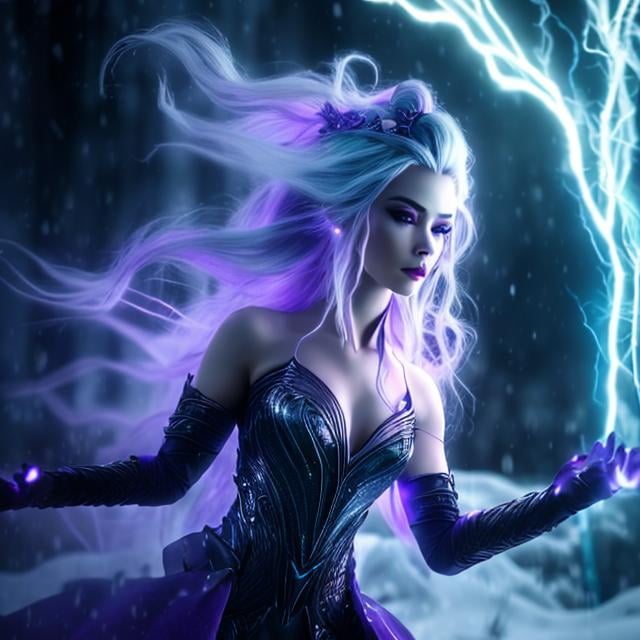 Prompt: Octane render, Hyper realistic, ultradetailed, half body View, DND Stormsoul Sylph, female, shimmering purple eyes, Long flowing grey hair, skin like porcelain, water dress, summoning white lightning bolts with her hands, standing in a foggy and snowy landscape, a tiara crafted from ice bolts on her head, night, bright blue abstract tattoos 