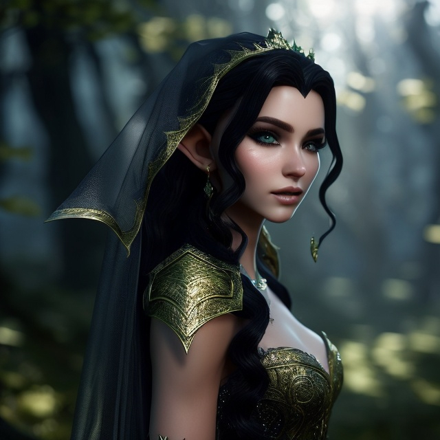 Prompt: fantasy, young elf woman, green eyes, (full body view:1,0), Black dress, ultra detailed, veil covers her face(:2,0), grey hair, night sky, detailed gorgeous face, ultra high definition, 8k, unreal engine 5, masterpiece, ominous, highly detailed, ultra high quality model