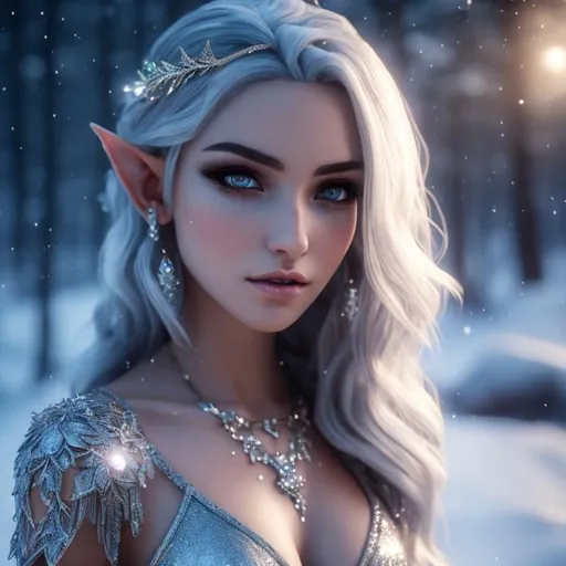 Prompt: fantasy, snow, young elf woman, elf ears, silver eyes, (full body view:1,0), gorgeous dress, ultra detailed, grey hair, night sky, detailed gorgeous face, ultra high definition, 8k, unreal engine 5, masterpiece, ominous, highly detailed, ultra high quality model