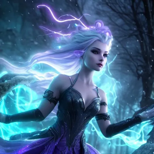 Prompt: Octane render, Hyper realistic, ultradetailed, half body View, DND Stormsoul Sylph, female, shimmering purple eyes, Long flowing grey hair, skin like porcelain, water dress, summoning white lightning bolts with her hands, standing in a foggy and snowy landscape, a tiara crafted from ice bolts on her head, night, bright blue abstract tattoos 