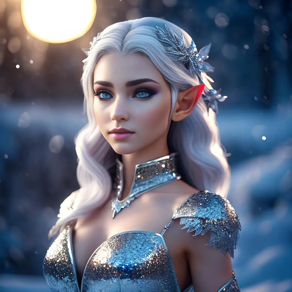 Prompt: (full body pose:1,5), Photo realistic, young elf woman, silver eyes, gorgeous dress, ultra detailed, grey hair, Ice crystals in her hair, night sky, snow, detailed gorgeous face, ultra high definition, 8k, unreal engine 5, masterpiece, ominous, highly detailed, ultra high quality model, SF