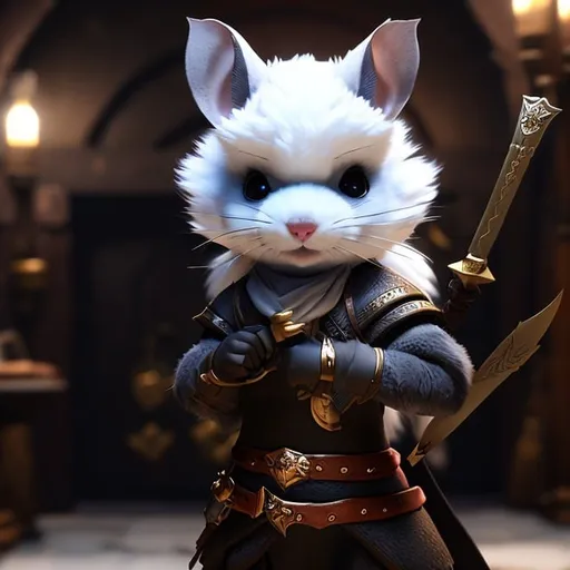 Prompt: female, (DND race ratfolk:2,5), (DND class rogue:1,5), (chinchilla:1,0), holding a dagger, ultra detailed, fluffy white fur, ultra high definition, 8k, unreal engine 5, masterpiece, highly detailed, ultra high quality model