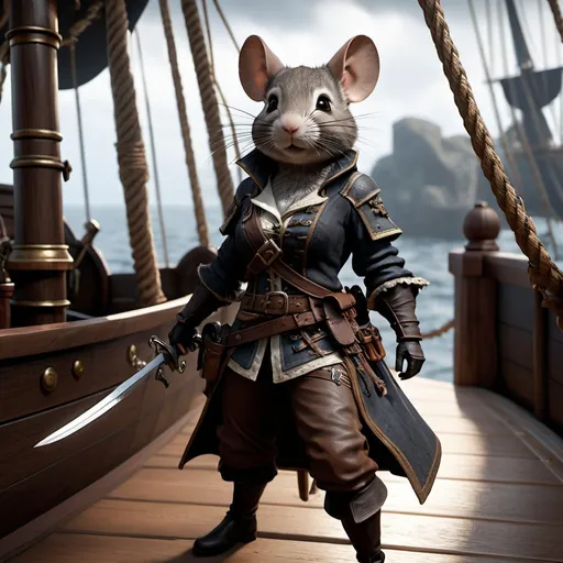 Prompt: Ratfolk rogue with chinchilla features, She carries a spring blade on each of her hands, living on a pirate ship, full body view, ultra detailed, ultra high definition, unreal engine 5, masterpiece, ominous, highly detailed, ultra high quality model, DND race ratfolk, DND class rogue, chinchilla, detailed fur, intense gaze, dark and brooding atmosphere, realistic lighting, professional, atmospheric lighting