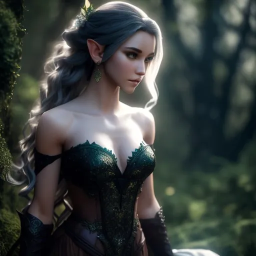 Prompt: (full body view pose:1,5), Photo realistic, young elf woman, porcelain skin, grey eyes, dark green battle robe, ultra detailed, brown hair, (burned wedding veil in her hair:1,0), desert, detailed gorgeous face, ultra high definition, 8k, unreal engine 5, masterpiece, ominous, highly detailed, ultra high quality model, SF