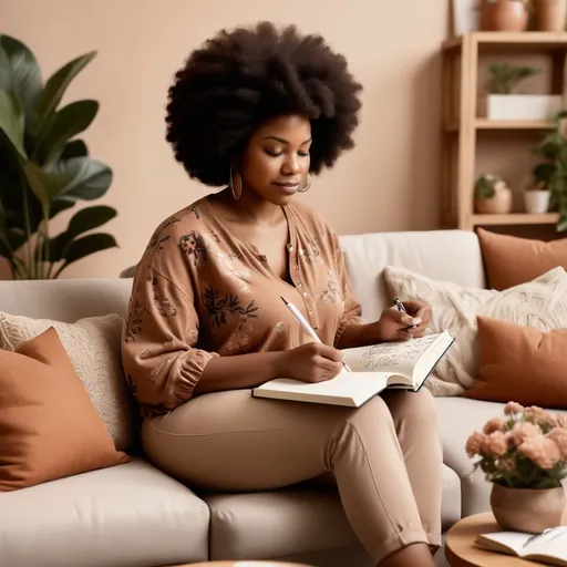 Prompt: a Black woman with a natural afro journaling on a cozy couch. The warm, earthy tones, floral accents, input "Your journey, your strength, your fresh start 🌸” in Playfair Display (80 px) Also mention the brand name Fresh Start Mama