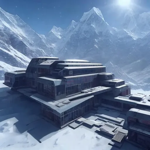 Prompt: In the high Himalayas during winter a a futuristic cyberpunk style research facility.