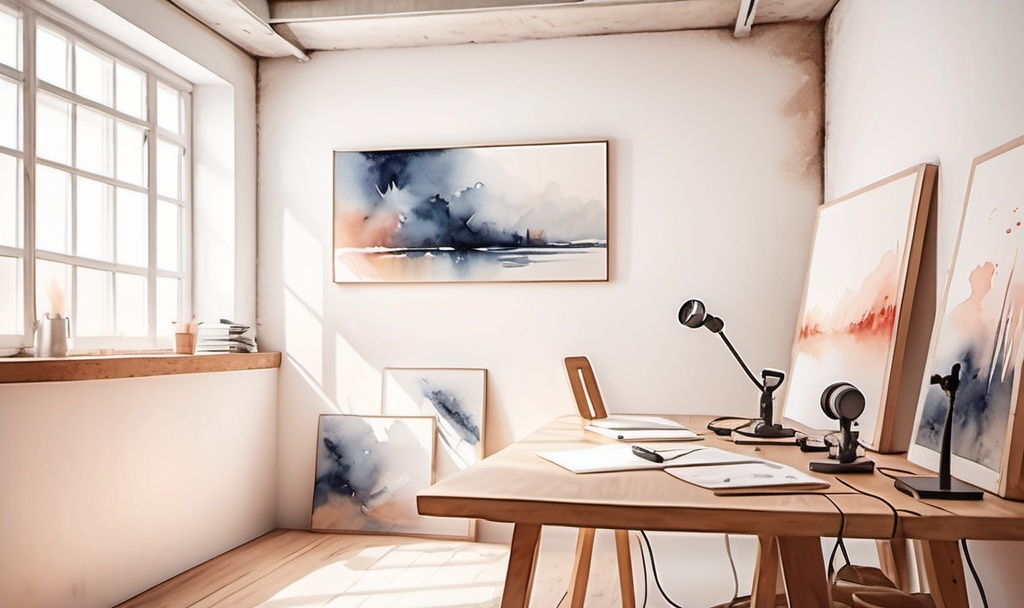 Prompt: Realistic watercolor-style painted room with white wall, loft style wooden desk, DIY tools, professional headphones, microphones, speakers, harmonious colors, soft brush strokes, light and shadow play, cozy ambiance, warm natural light streaming through a window, elements arranged aesthetically on the desk, inviting workspace vibes, ultra-detailed, art piece showcasing creativity and craftsmanship.