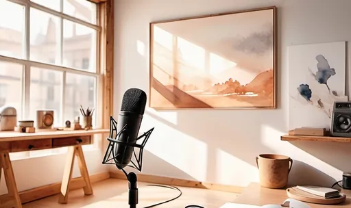 Prompt: Realistic watercolor style painted (room with white wall, loft style wooden desk, DIY tools, professional headphones, microphone parts, speakers, harmonious colors, soft brush strokes, light and shadow play, cozy ambiance, warm natural light streaming through a window, elements arranged aesthetically on the desk, inviting workspace vibes, ultra-detailed, art piece showcasing creativity and craftsmanship.