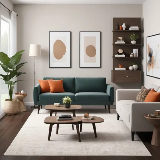 Prompt: Generate a mood board for a modern living room designed for a family of four, with a cozy and elegant atmosphere. Use a neutral color palette with accents of bold colors. Include sleek, minimalist furniture and materials like wood and fabric. The room should prioritize relaxation and include storage solutions.