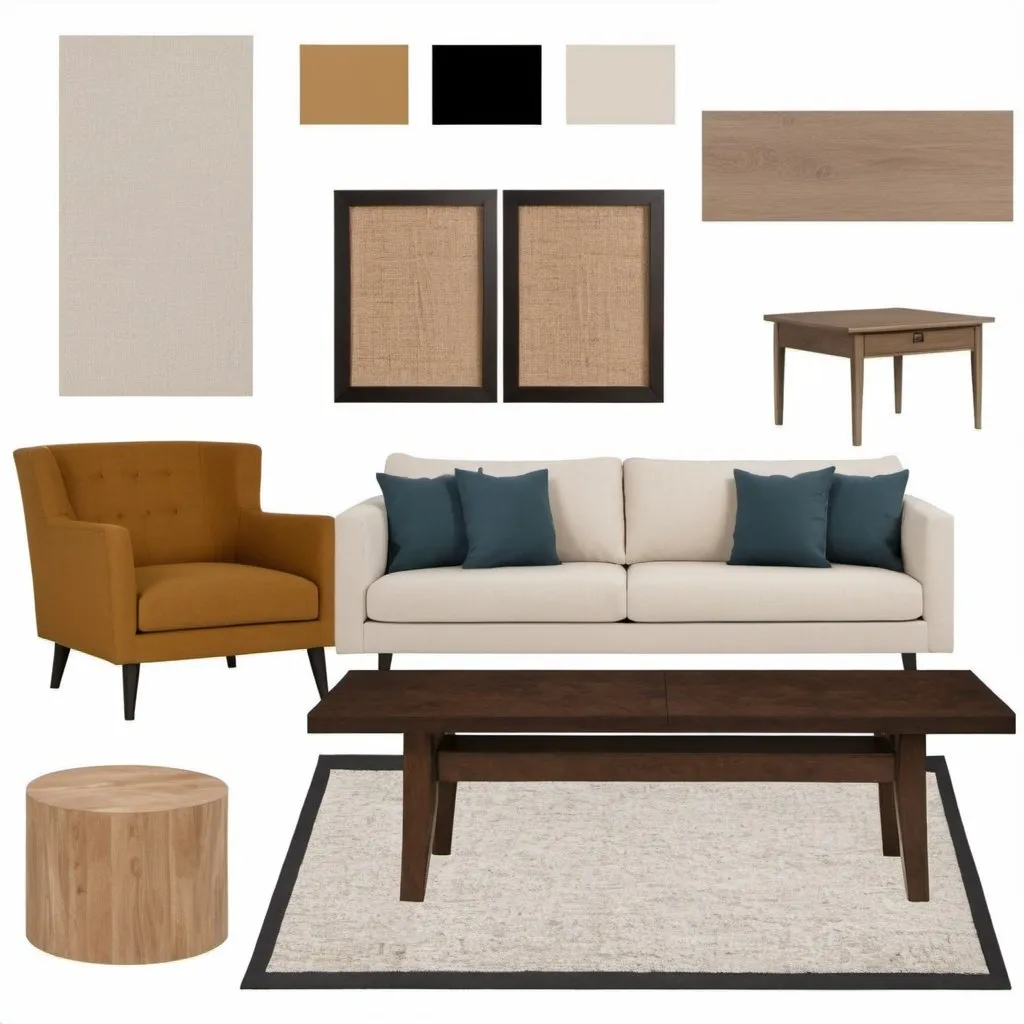 Prompt: Generate a mood board for a modern living room designed for a family of four, with a cozy and elegant atmosphere. Use a neutral color palette with accents of bold colors. Include sleek, minimalist furniture and materials like wood and fabric. The room should prioritize relaxation and include storage solutions.