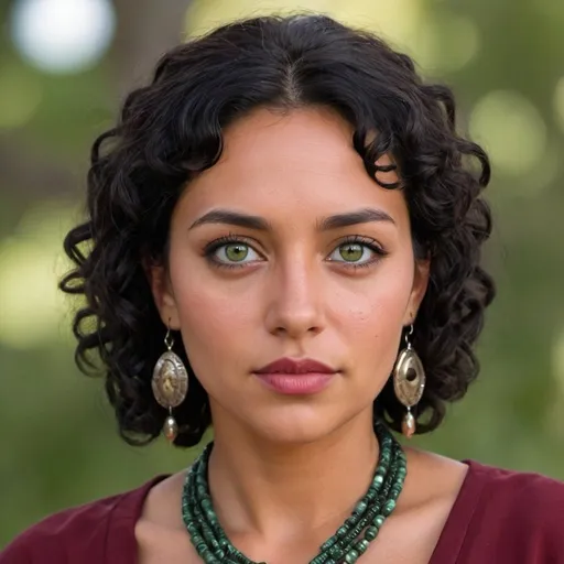 Prompt: A woman who looks like both Genessy Castillo and Poe Vai Garnier, with olive-green eyes, tanned skin, full lips, short curly black hair, Native American jewelry, maroon dress