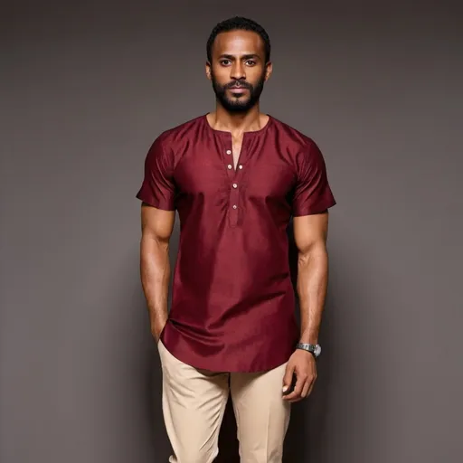 Prompt: tunic. maroon. short sleeves. brown-skinned man. pants.