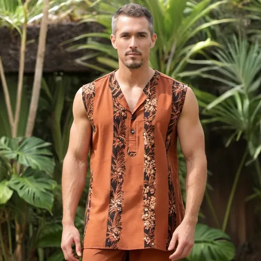 Prompt: tunic. burnt sienna. sleeveless. Hawaiian man. pants.