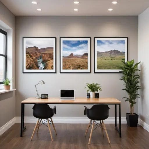 Prompt: studio agency room with 3 photos on the wall, 2 horizontal photos on one wall, 1 landscape photo on the next wall