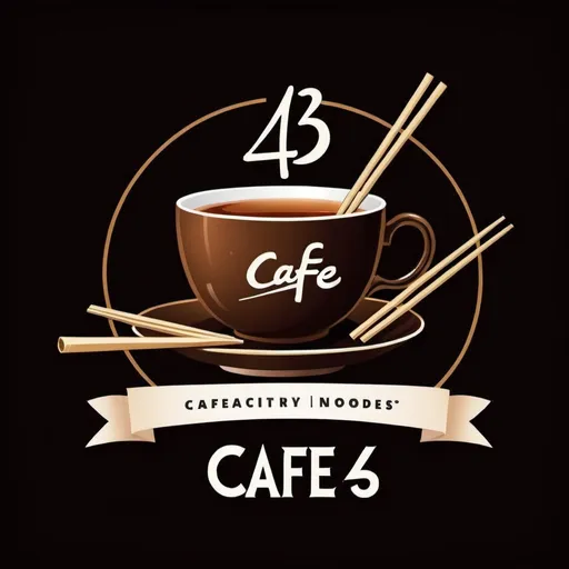 Prompt: cafe 43 logo, tea cup, chopsticks and noodles, high-quality vector illustration, perfect for branding and signage.