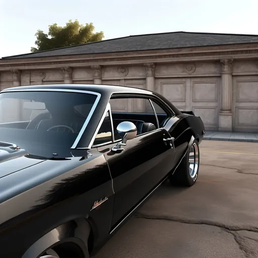 Prompt: an close-up front view of the driver-side window of a black muscle car with transparent background Cooper, neoclassicism, dream, a 3D render