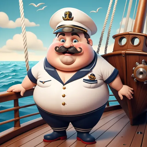 Prompt: A funny chubby sailor with a mustache on the deck of a little ship in the sea