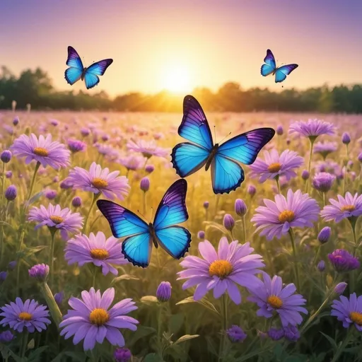 Prompt: create an image of butterflies in a field of flowers with the sun in the background. The butterflies are bright blue and purple in a square shaped picture


