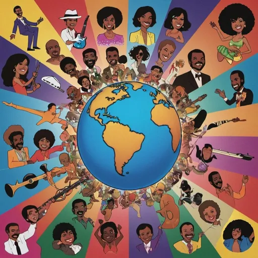 Prompt: a cover for my music playlist titled “Grooving around the world”. It features disco, jazz, funk, and soul from many countries all over the world. The image should be a square aspect ratio