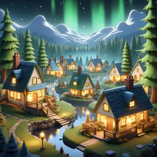 Prompt: Show a quaint village with small cottages, smoke gently rising from chimneys, and a vast, green forest on the horizon. Add a touch of magical glow to the forest with shimmering lights or faint sparkling particles.