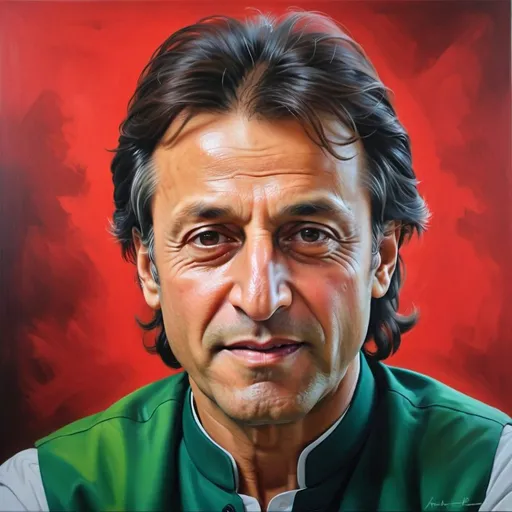 Prompt: Imran Khan with a sense of new hope, realistic portrait, oil painting, vibrant colors, confident smile, determined eyes, iconic red and green attire, dynamic brushstrokes, high quality, professional, vibrant colors, detailed features, inspiring atmosphere