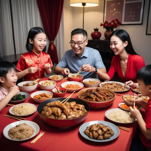 Prompt: Family having Chinese New Year dinner together

