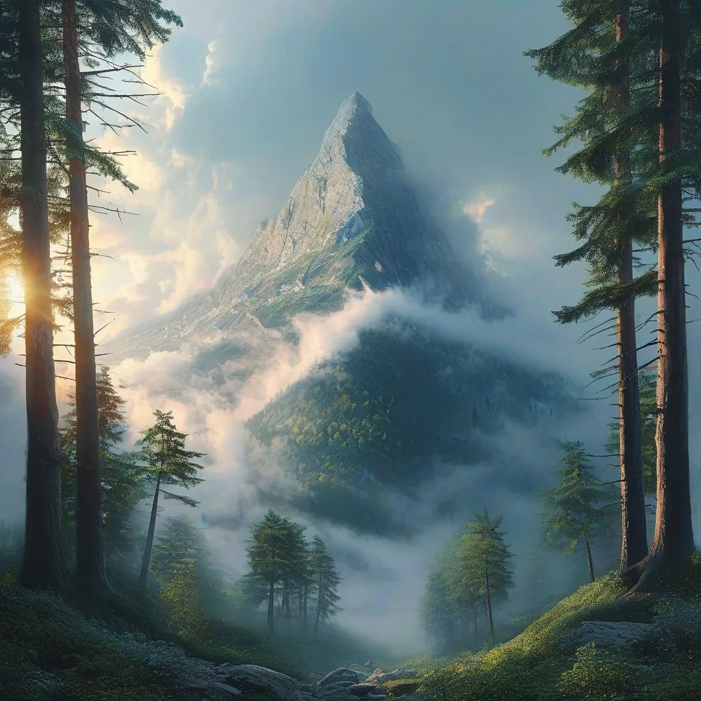 Prompt: A mountain surrounded by forest and clouds - inner stability and hidden power protected by a mystical shell. The trees are centuries old, powerful, with thick roots. The top of the mountain is buried in the clouds. The light of dawn. The atmosphere is magical.