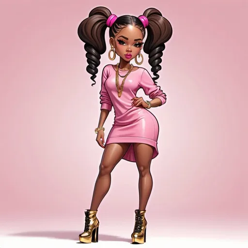 Prompt: Woman cartoon characte brown skin dress in pink and black ponytails with hip hop gold fashion jewelry on heels  