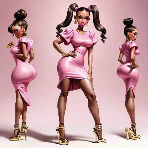 Prompt: Woman cartoon characte brown skin dress in pink and black ponytails with hip hop gold fashion jewelry on heels  