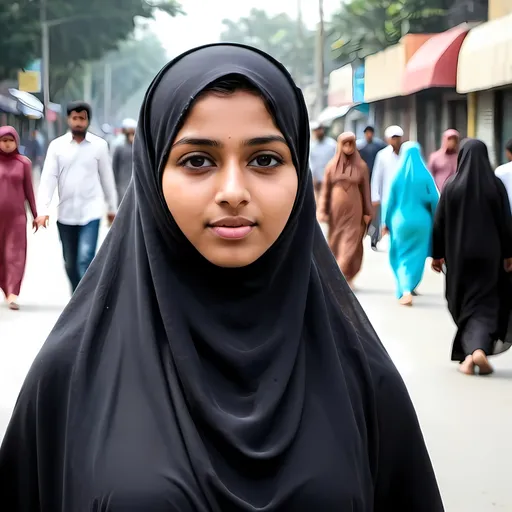 Prompt: A beautiful Bangladeshi Muslim girl is walking down the street. She is wearing a burqa and a hijab. Many people are looking at her, admiring her with respectful and appreciative glances.