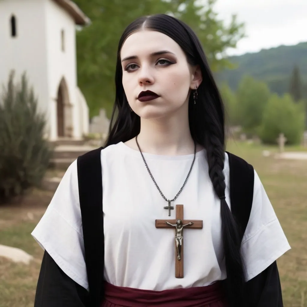 Prompt: goth girl decides to turn her life around and come to Jesus and become a traditional christian