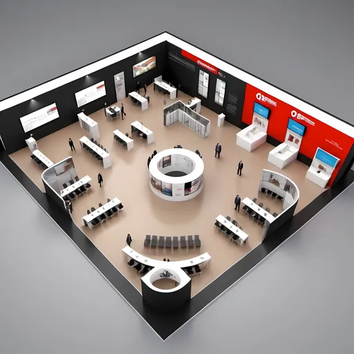 Prompt: exhibition technology stand, 3d render, full proposal, side view and top plan 2d, top view, Infront view, inside mall render, 3d render, includes a meeting room, 4 screens on the ground floor, second floor with VIP room, and receptions, dimensions 18m by 20m, double levels, entrance gate with arch, space theme, open from top, and round shape
